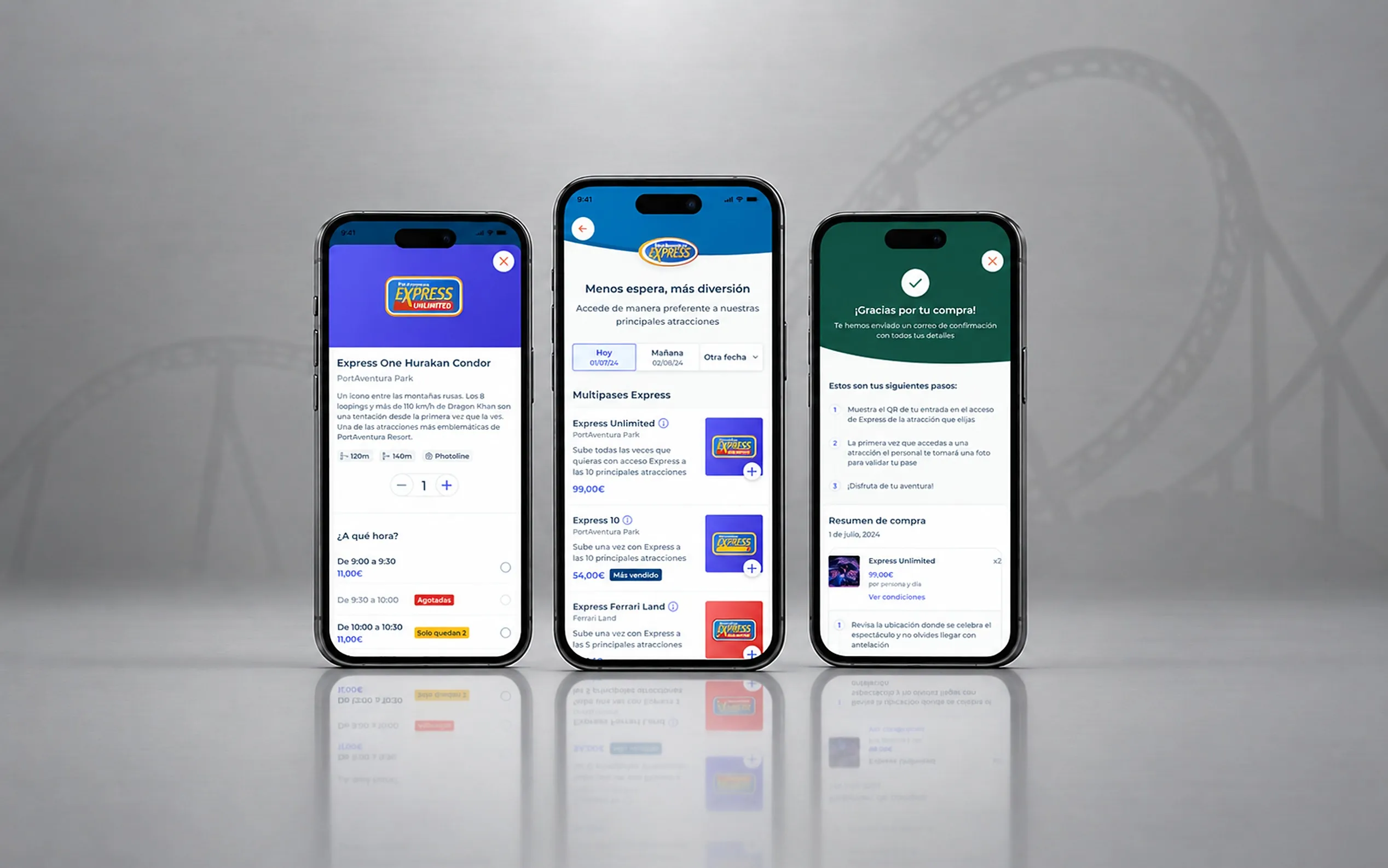 Three phones showing the new funnel: product detail, the Express catalogue and confirmation