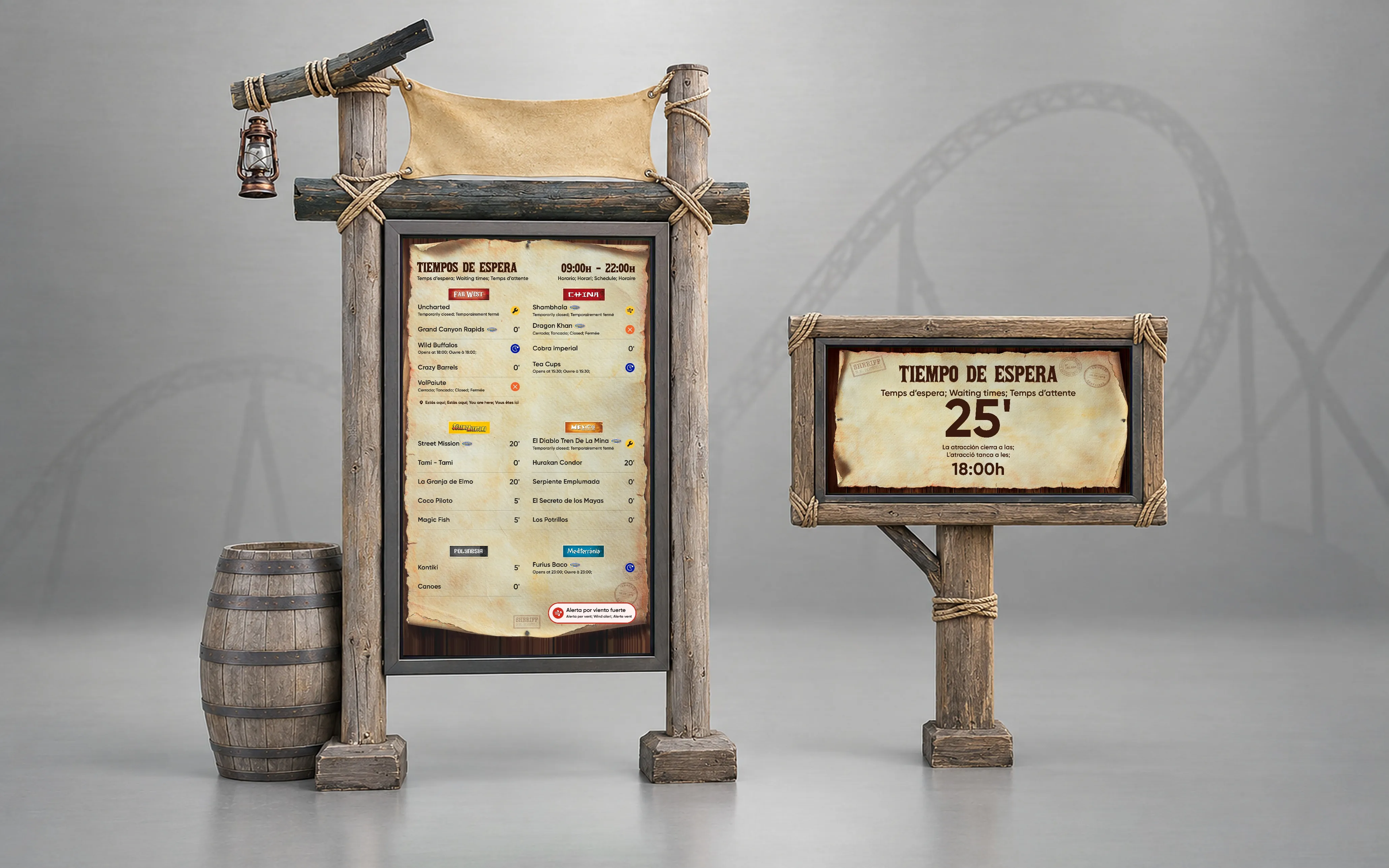 Two themed in-park screens in Far West frames: the park-wide waiting times and a ride screen