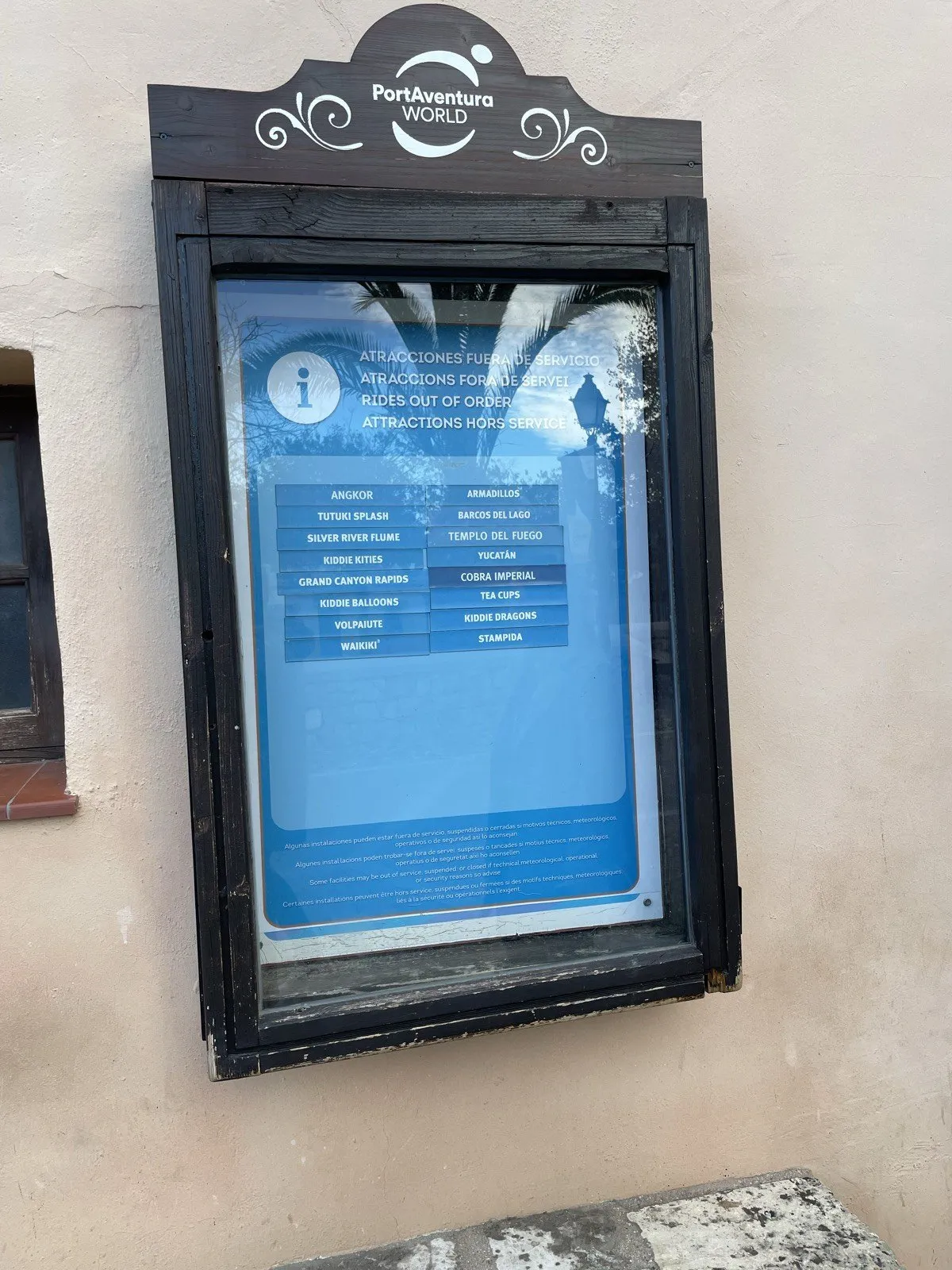 The closed-rides board, updated by hand every morning