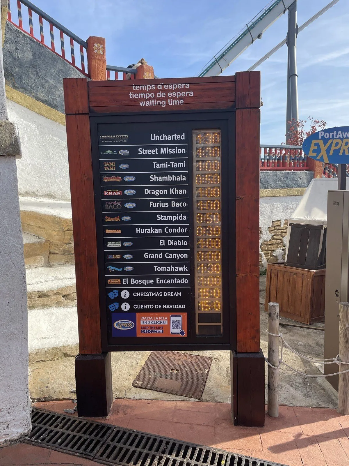 The old waiting-time board: a fixed list of the major rides and LED digits