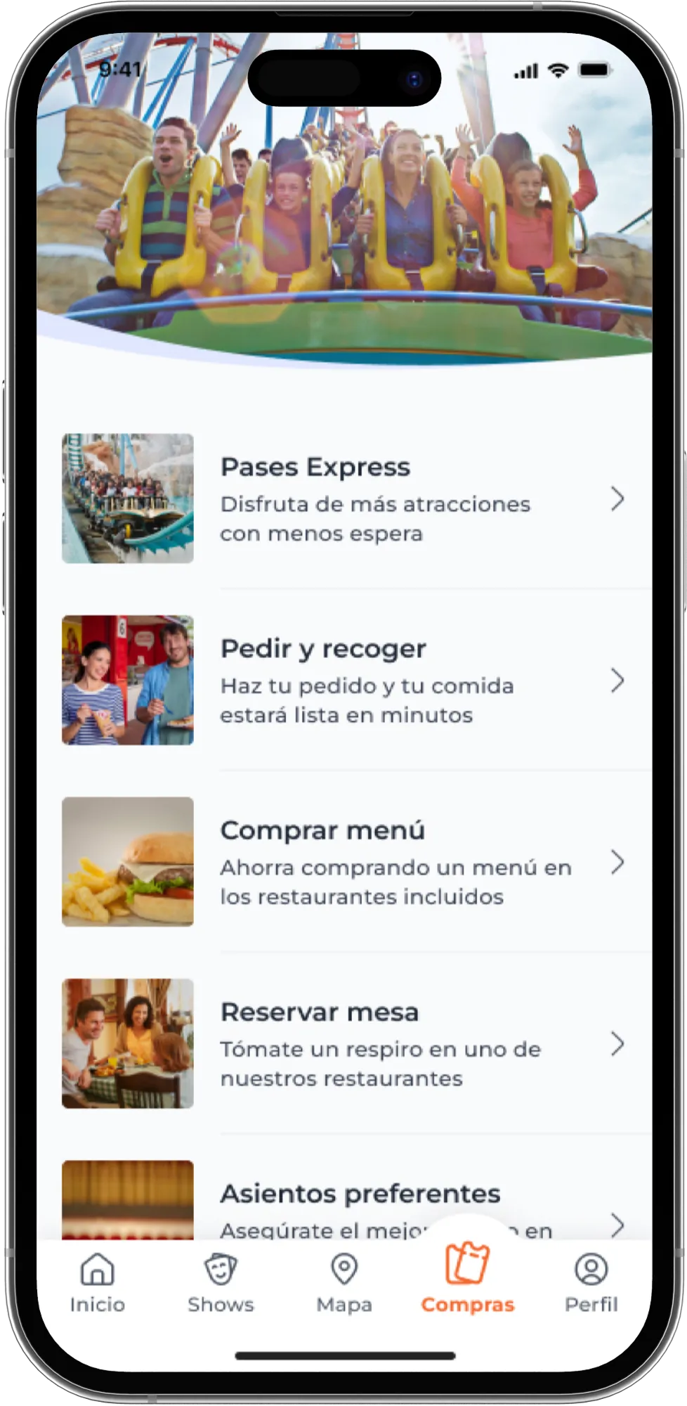 Shopping page, version A: every food option at the top level