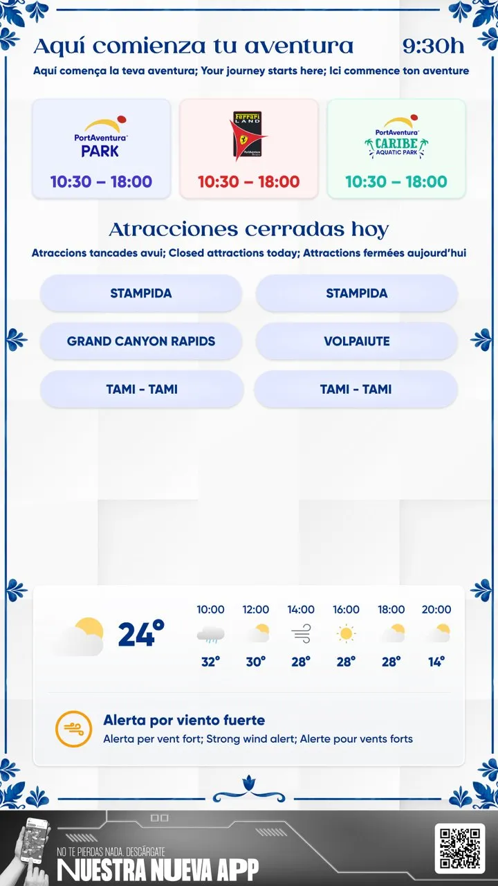 Hotel screen: opening hours, closed rides and the weather