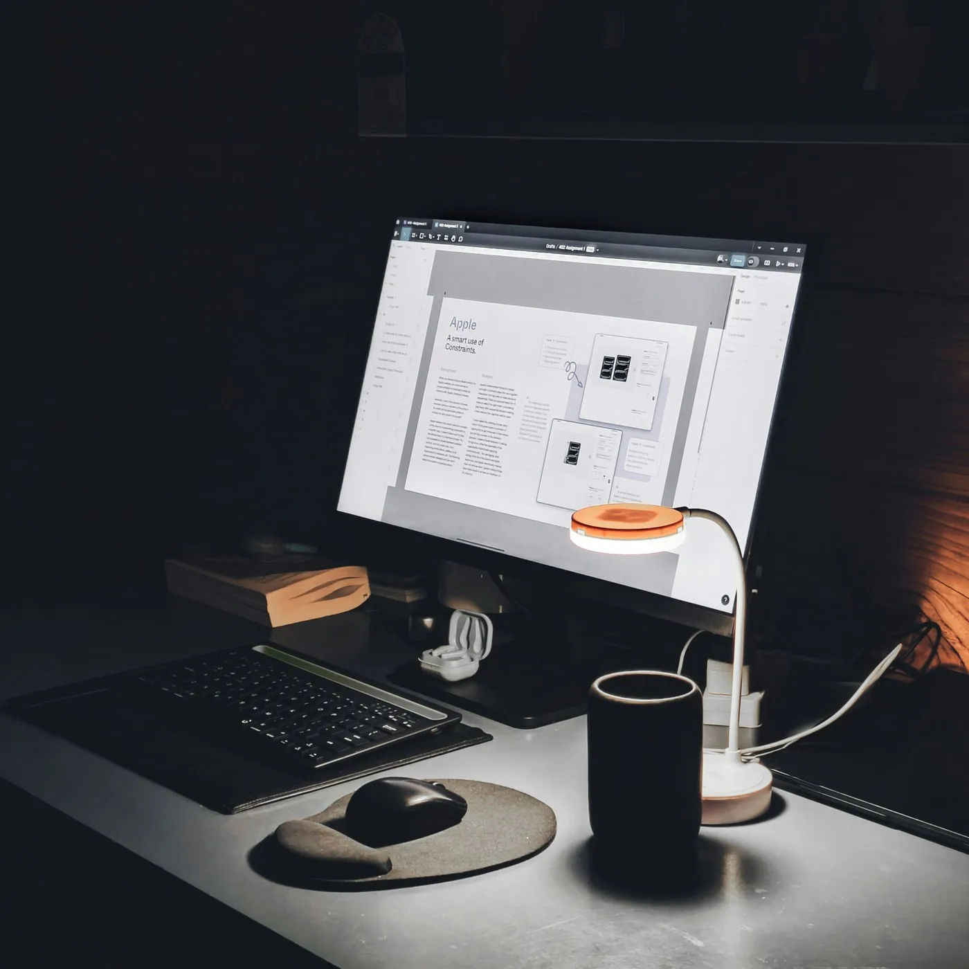 A desk at night with a design file open on the screen